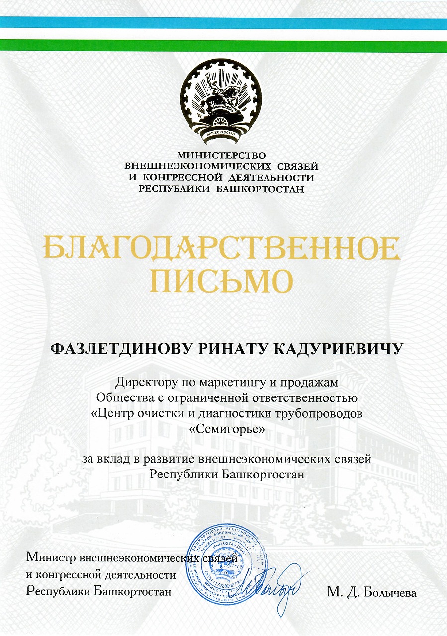 Государственная благодарность от Правительства Республики Башкортостан